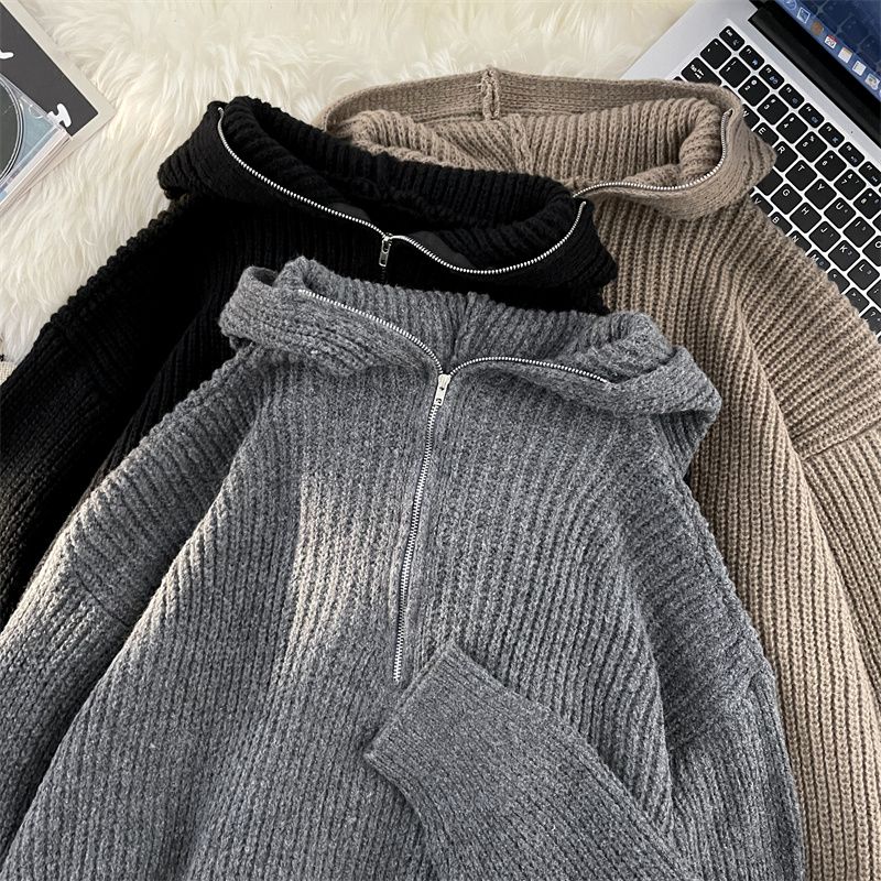 Half-zip hooded sweater men's winter trendy loose thickened sweater jacket Japanese style lazy style couple's knitted sweater