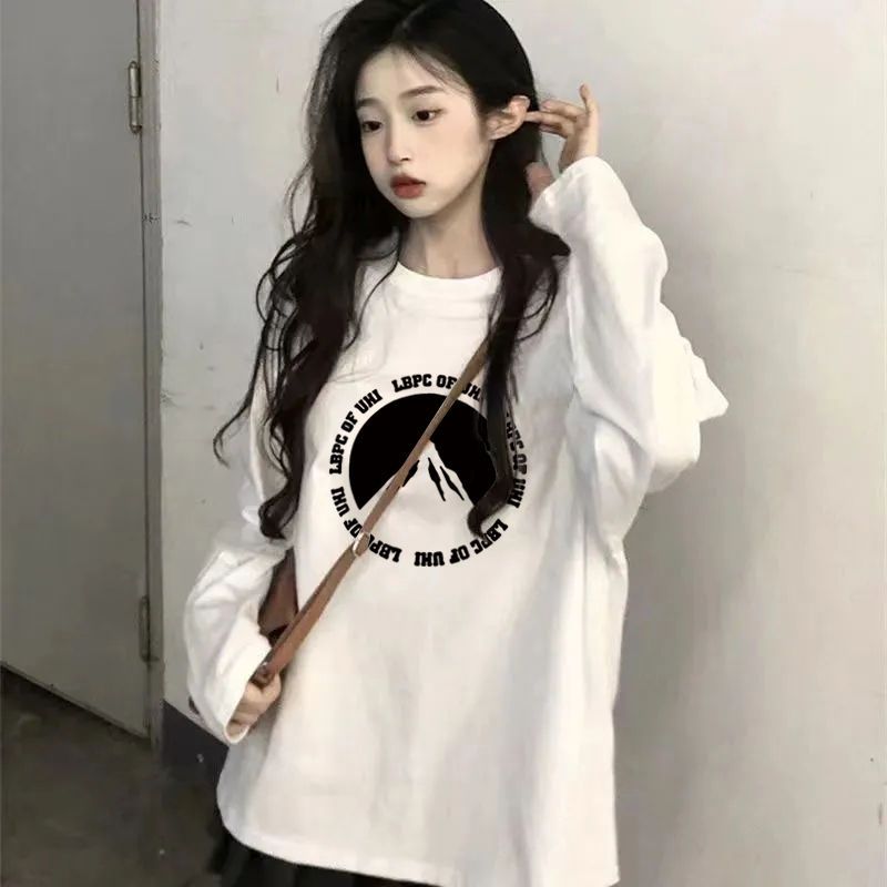 100%純棉長袖T恤女秋季內搭白色打底衫韓版ins寬鬆百搭印花上衣潮