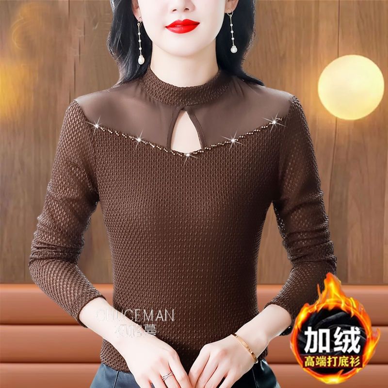 專櫃品質燙鑽南韓紗打底衫女長袖上衣秋冬新款寬鬆媽媽裝洋氣小衫
