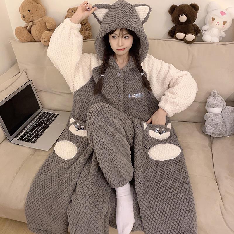睡衣女秋冬季珊瑚絨加絨加厚2023年新款法蘭絨長款睡袍家居服套裝