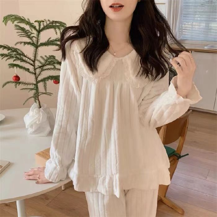 可愛娃娃領睡衣女ins小香風秋冬款珊瑚絨加厚加絨套裝居家服學生
