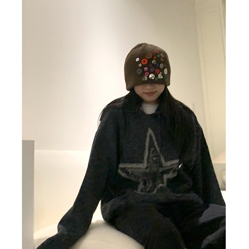 國潮設計感五角星連帽針織衛衣男女2023秋冬高級感復古軟糯毛衣潮