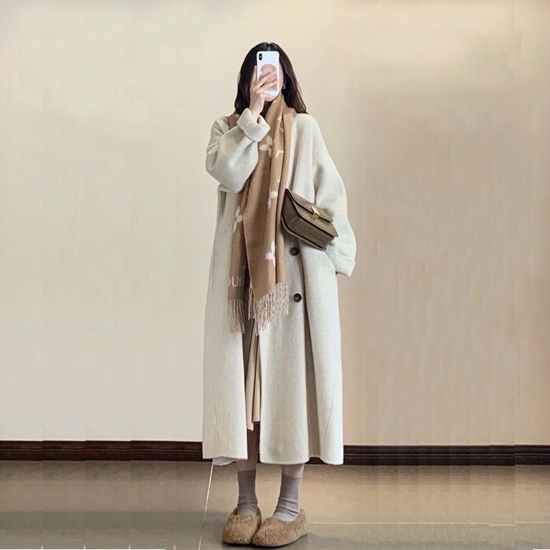 燕麥色雙面羊毛大衣女中長款2023秋冬季新款小個子白色羊毛呢外套