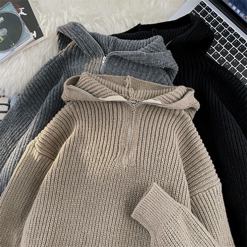 Half-zip hooded sweater men's winter trendy loose thickened sweater jacket Japanese style lazy style couple's knitted sweater