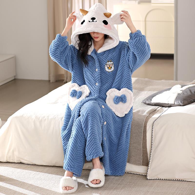 珊瑚絨睡衣女秋冬季加厚加絨長款睡袍法蘭絨卡通款家居服套裝