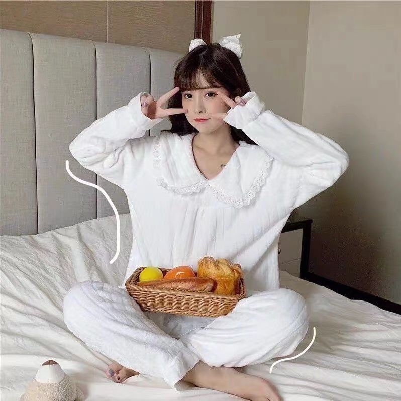 珊瑚絨睡衣女秋冬加厚甜美可愛減齡娃娃領法蘭絨家居服套裝兩件套