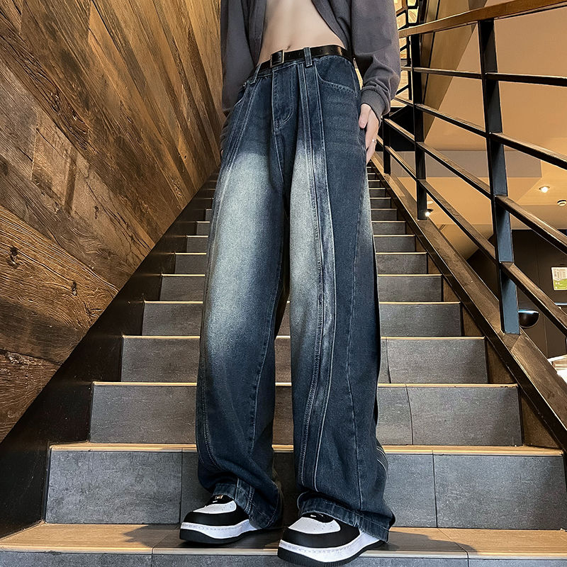 重磅拼接牛仔褲男款秋季美式嘻哈復古褲子潮牌百搭寬鬆闊腿拖地褲