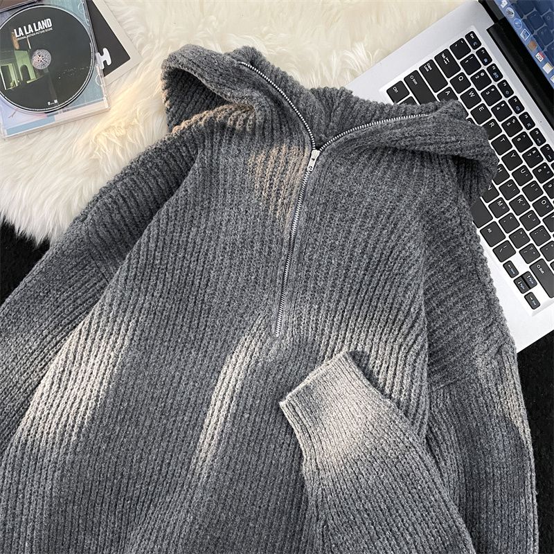 Half-zip hooded sweater men's winter trendy loose thickened sweater jacket Japanese style lazy style couple's knitted sweater