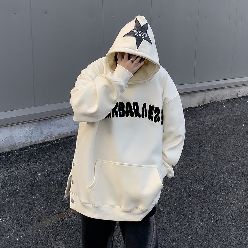 Embroidered breasted sweatshirt men's autumn and winter trendy brand heavyweight thickened velvet jacket American hip-hop loose couple clothes