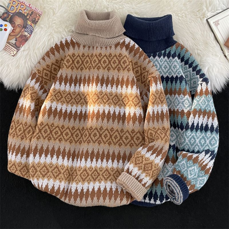 Japanese retro jacquard sweater trendy brand ins couple men's turtleneck sweater winter loose lazy style jacket