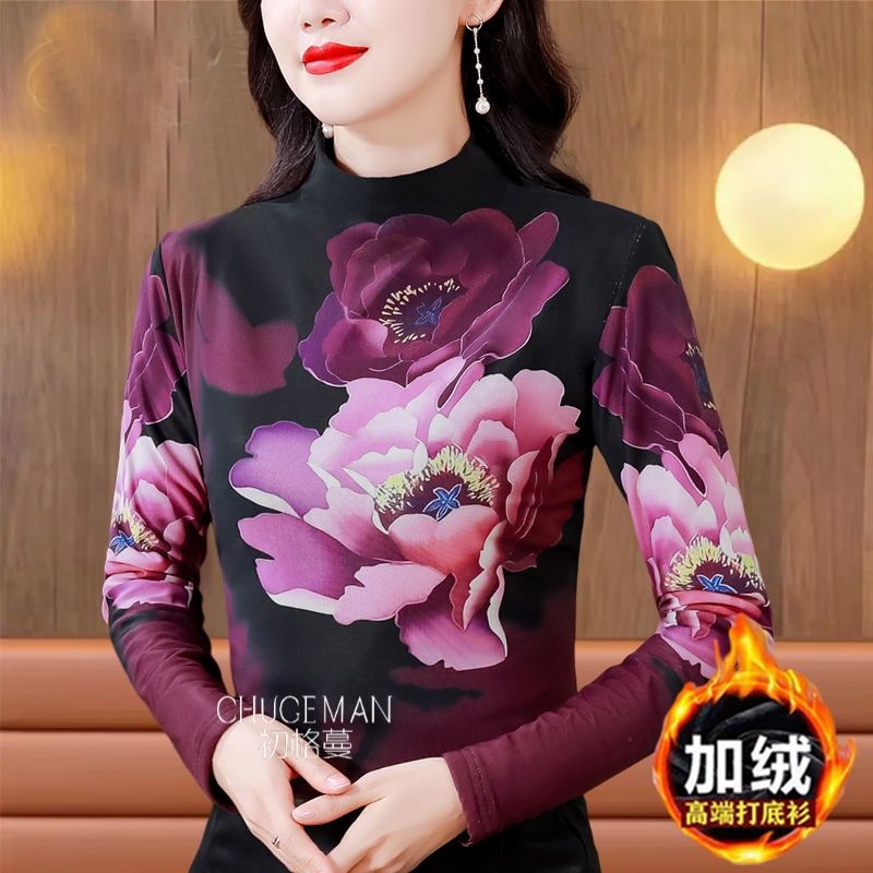 高檔專櫃南韓紗打底衫長袖女士上衣秋冬新款寬鬆洋氣牡丹印花小衫