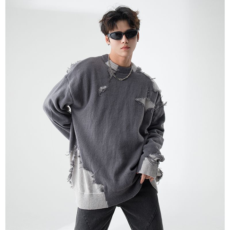 High street fake two-piece sweater men's autumn and winter design ripped sweater trendy brand loose handsome sweater jacket