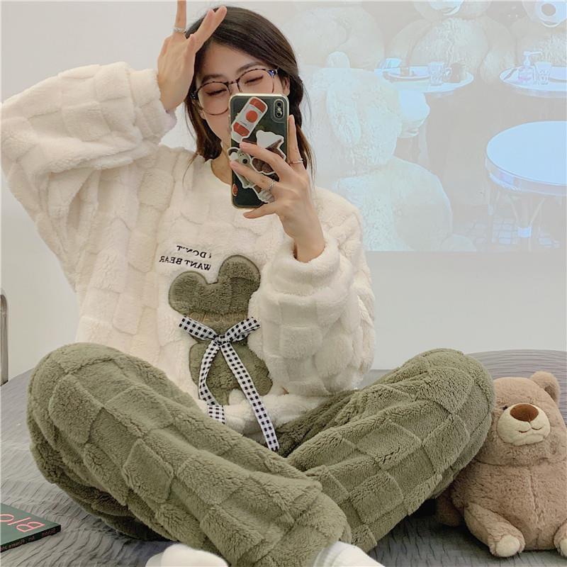 睡衣女秋冬季珊瑚絨2023年新款可愛甜美加絨加厚法蘭絨家居服套裝