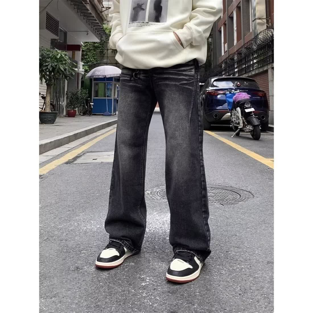 美式復古水洗做舊闊腿牛仔褲男設計感高街垂感直筒寬鬆拖地長褲潮