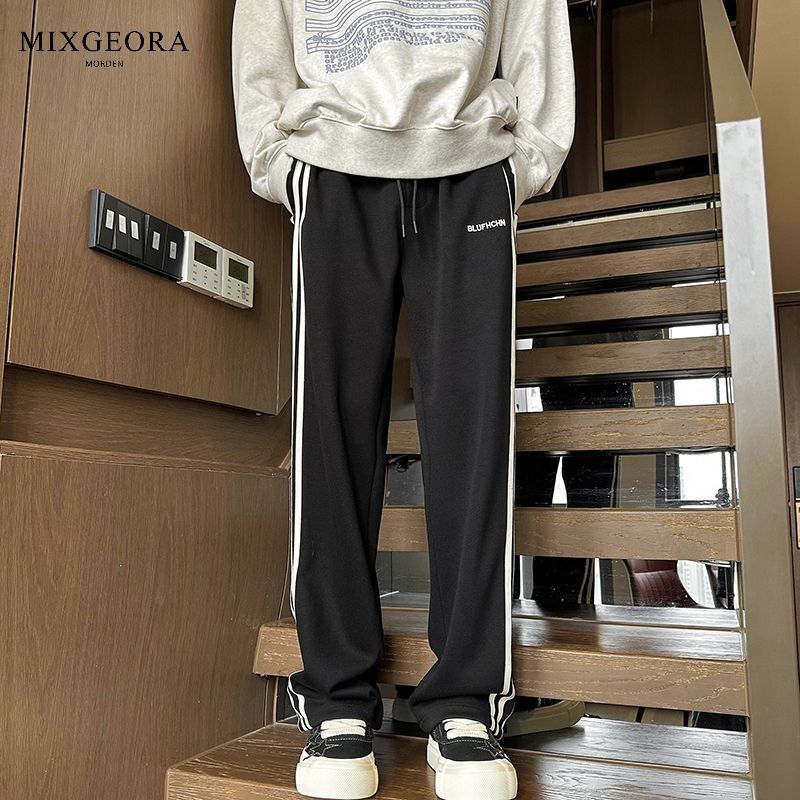 MIX GEORA美式条纹灰色卫裤男女裤子秋冬款加绒直筒运动休闲长裤