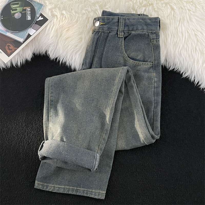 Washed distressed jeans trendy brand ins high street men's trousers spring and autumn American casual loose straight trousers