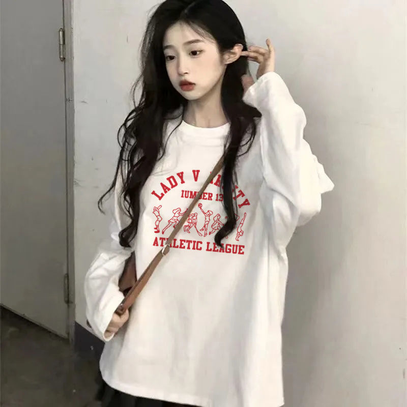 100%純棉長袖T恤女秋季內搭白色打底衫韓版ins寬鬆百搭印花上衣潮