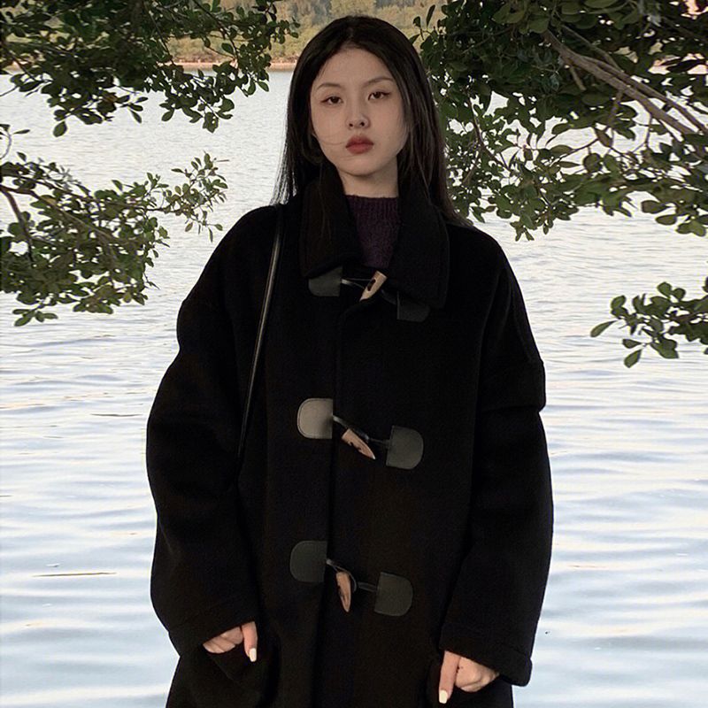 黑色呢子大衣女中長款2023年秋冬季新款小個子牛角扣加厚毛呢外套