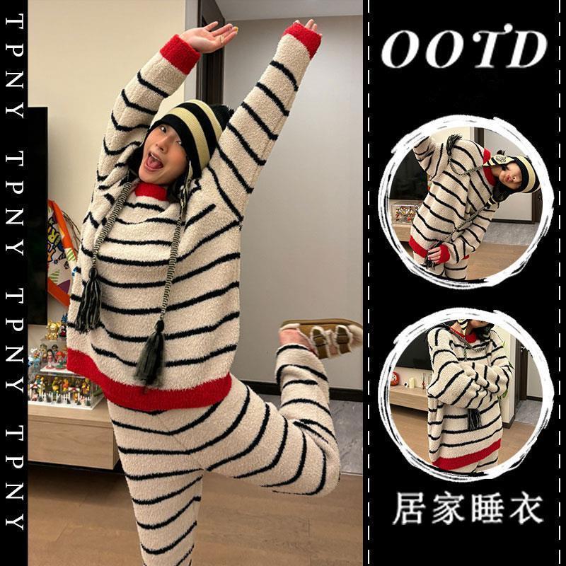 韓系高級感條紋長袖珊瑚絨睡衣女冬季新款家居加厚加絨套裝可外穿