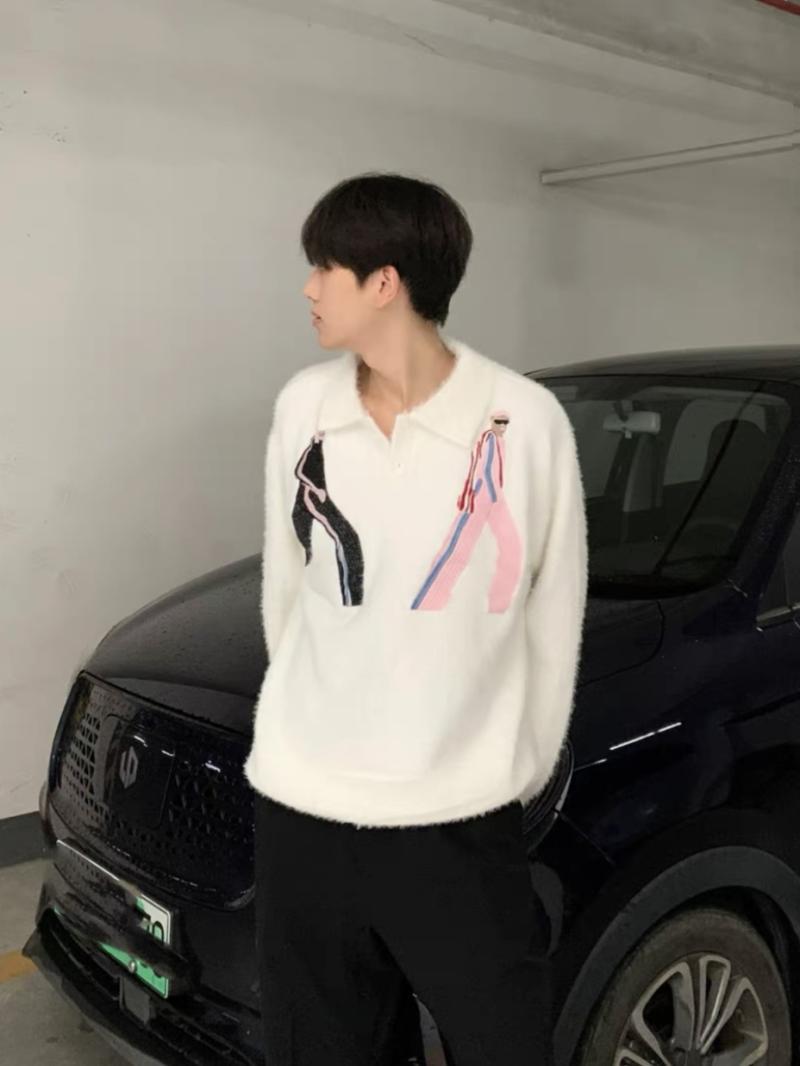 美式高街刺繡馬海毛毛衣男女秋冬季加厚慵懶風polo領針織衫上衣潮