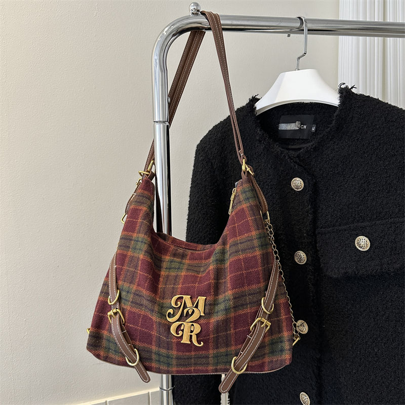 Retro Plaid Large Capacity Bag Women's 2023 New Trendy College Style Woolen Tote Bag Casual Backpack