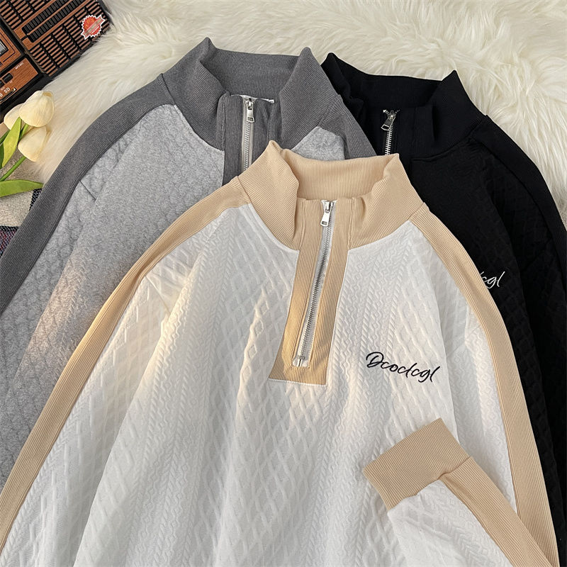 Heavyweight waffle sweatshirt men's autumn trendy brand ins loose half-zip jacket Japanese handsome design top