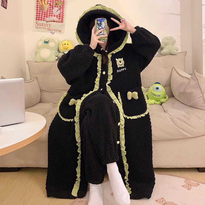 珊瑚絨睡衣女春秋冬季加厚睡袍保暖可愛長款法蘭絨家居服套裝怪獸