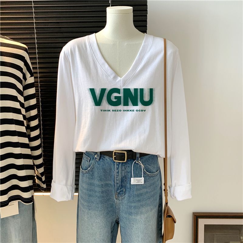 v領打底衫女洋氣內搭春季2023新款白色長袖t恤純棉寬鬆百搭上衣潮