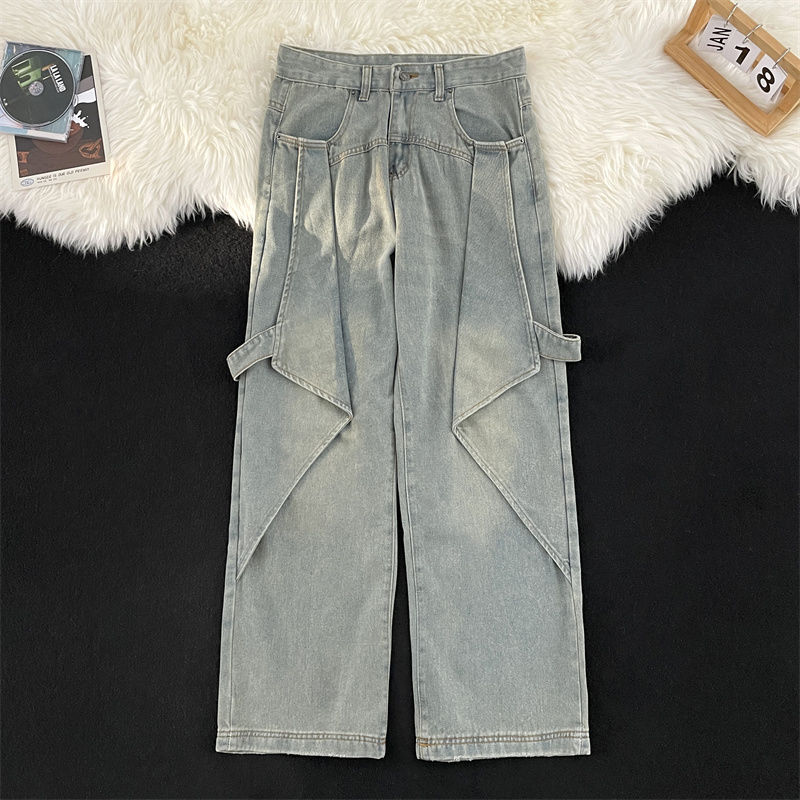 Designed splicing jeans men's spring and autumn American high street pants trendy brand ins washed loose wide-leg pants