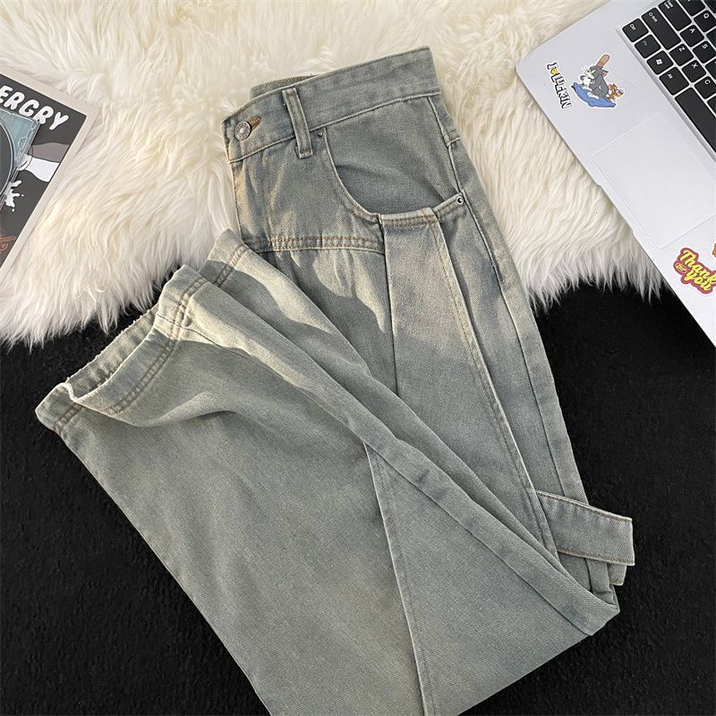 Designed splicing jeans men's spring and autumn American high street pants trendy brand ins washed loose wide-leg pants