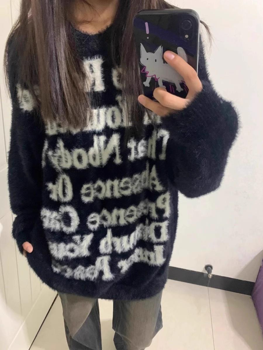 字母提花仿貂絨毛衣男女秋冬2023新款寬鬆加厚高級感慵懶風針織衫