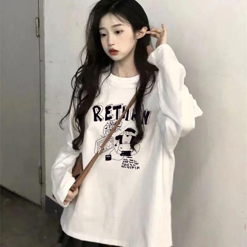 100%純棉長袖T恤女秋季內搭白色打底衫韓版ins寬鬆百搭印花上衣潮