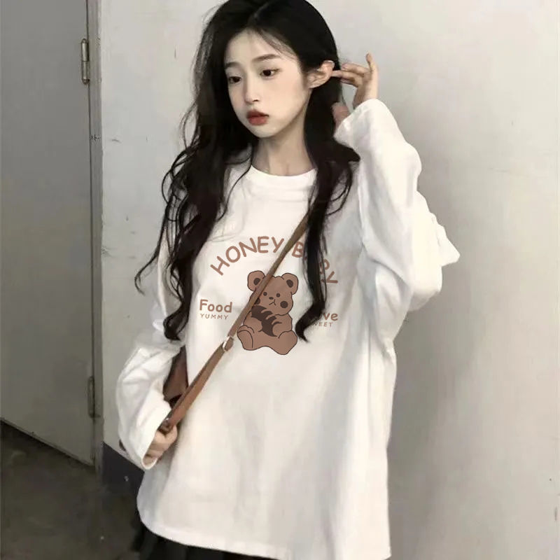100%純棉長袖T恤女秋季內搭白色打底衫韓版ins寬鬆百搭印花上衣潮