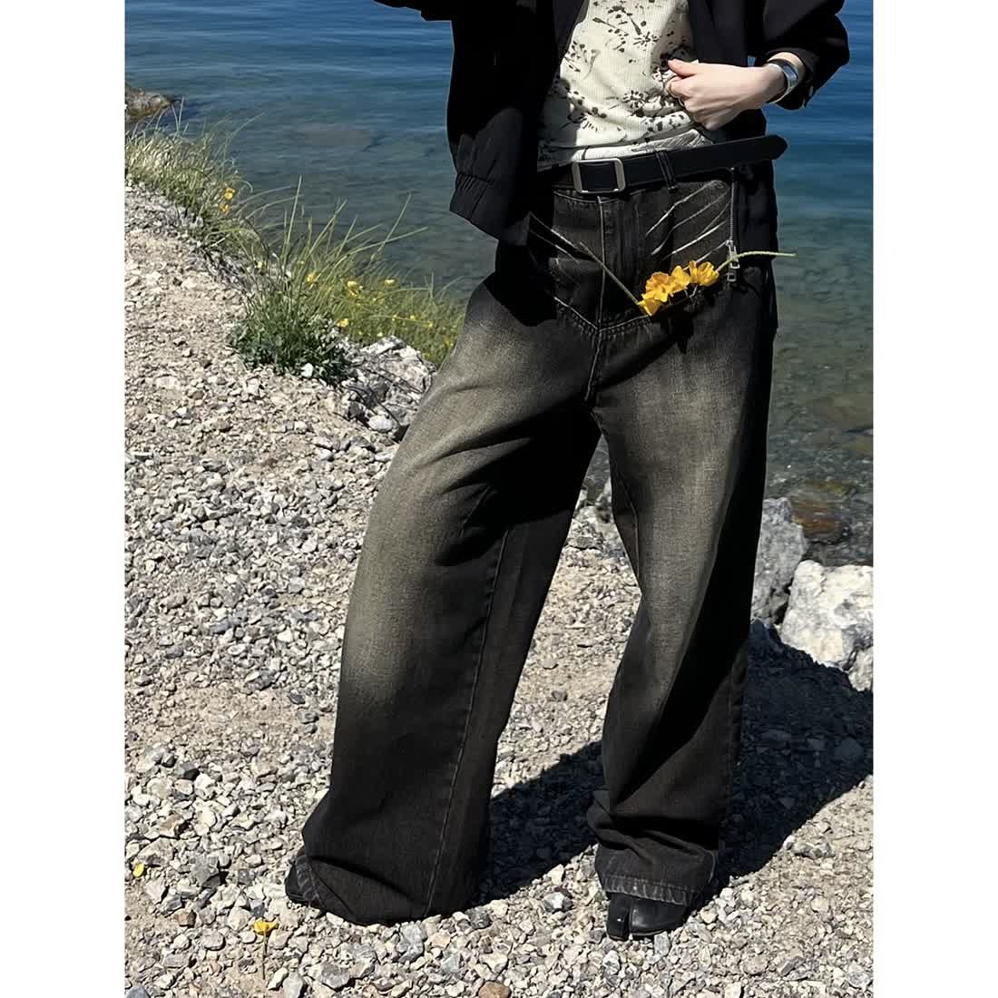 美式復古高街做舊水洗黑灰牛仔褲男潮ins寬鬆直筒闊腿顯瘦長褲子