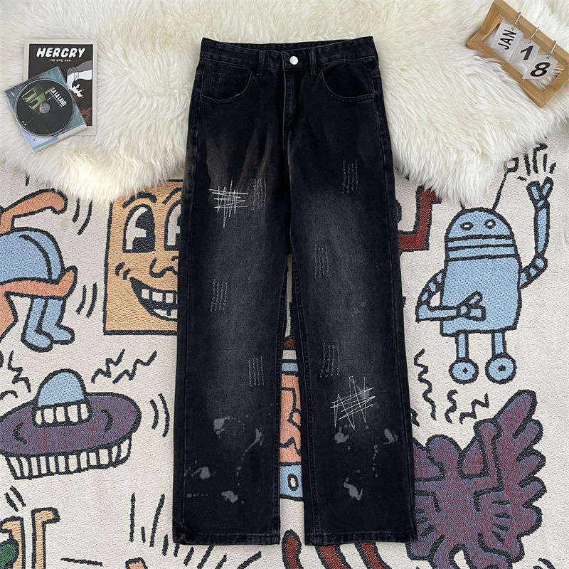 Splash-ink jacquard jeans vibe high street handsome men's trousers spring and autumn American fashion brand distressed straight trousers
