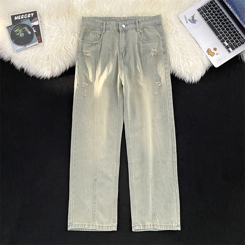 Spring and autumn straight ripped jeans men's American vibe high street handsome pants trendy brand distressed loose wide leg pants
