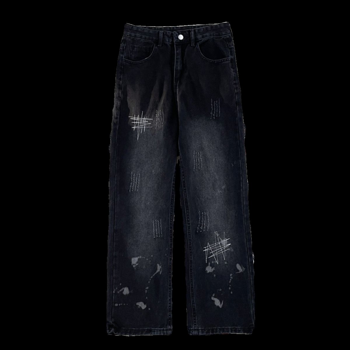 Splash-ink jacquard jeans vibe high street handsome men's trousers spring and autumn American fashion brand distressed straight trousers