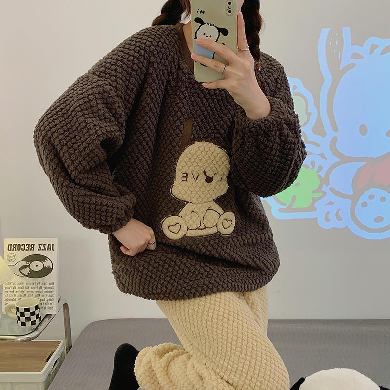 秋冬季珊瑚絨睡衣女款加絨加厚法蘭絨套頭可愛2023新款冬款家居服