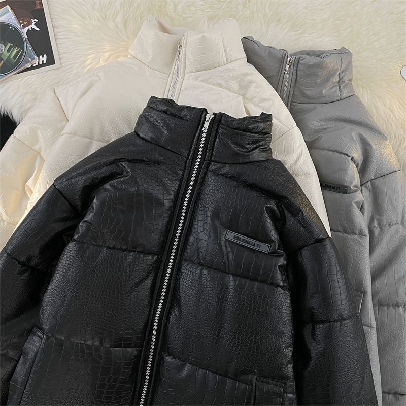 Stand collar pu leather cotton coat men's handsome loose thickened bread coat winter American trendy high-end cotton coat