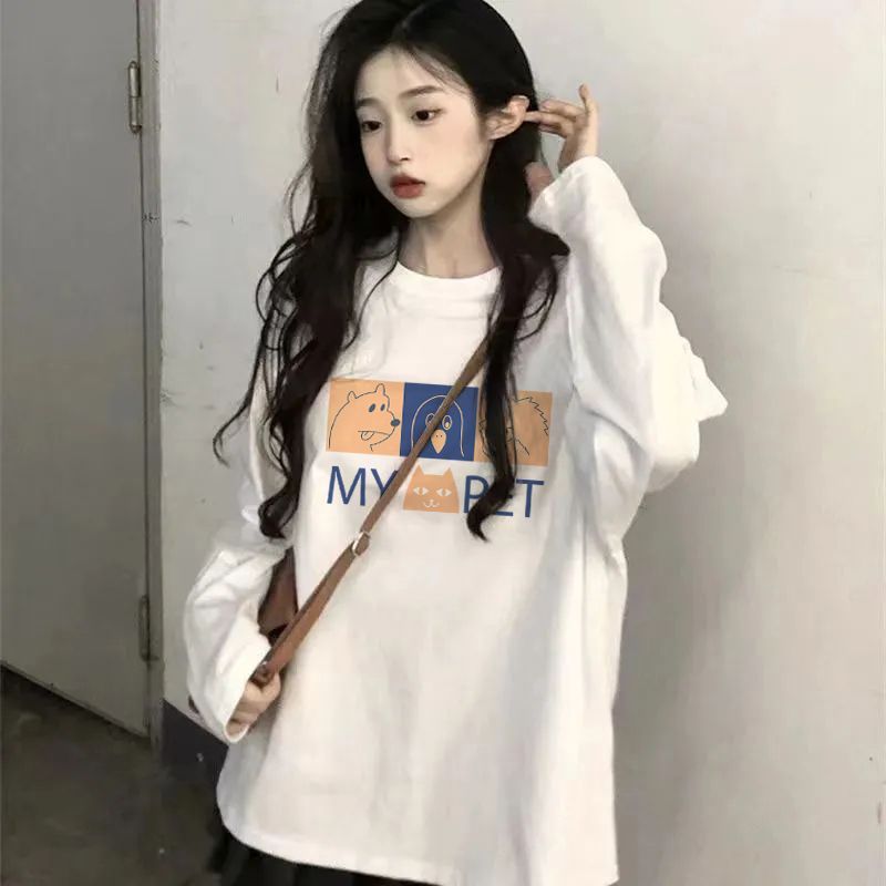 100%純棉長袖T恤女秋季內搭白色打底衫韓版ins寬鬆百搭印花上衣潮