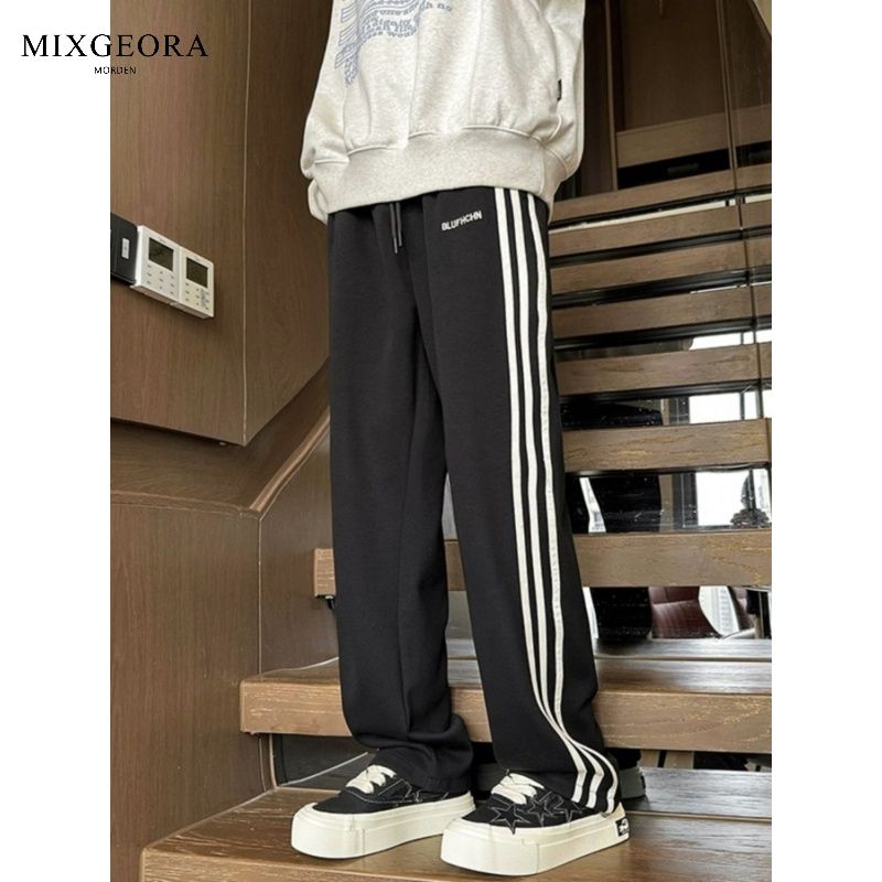 MIX GEORA美式条纹灰色卫裤男女裤子秋冬款加绒直筒运动休闲长裤
