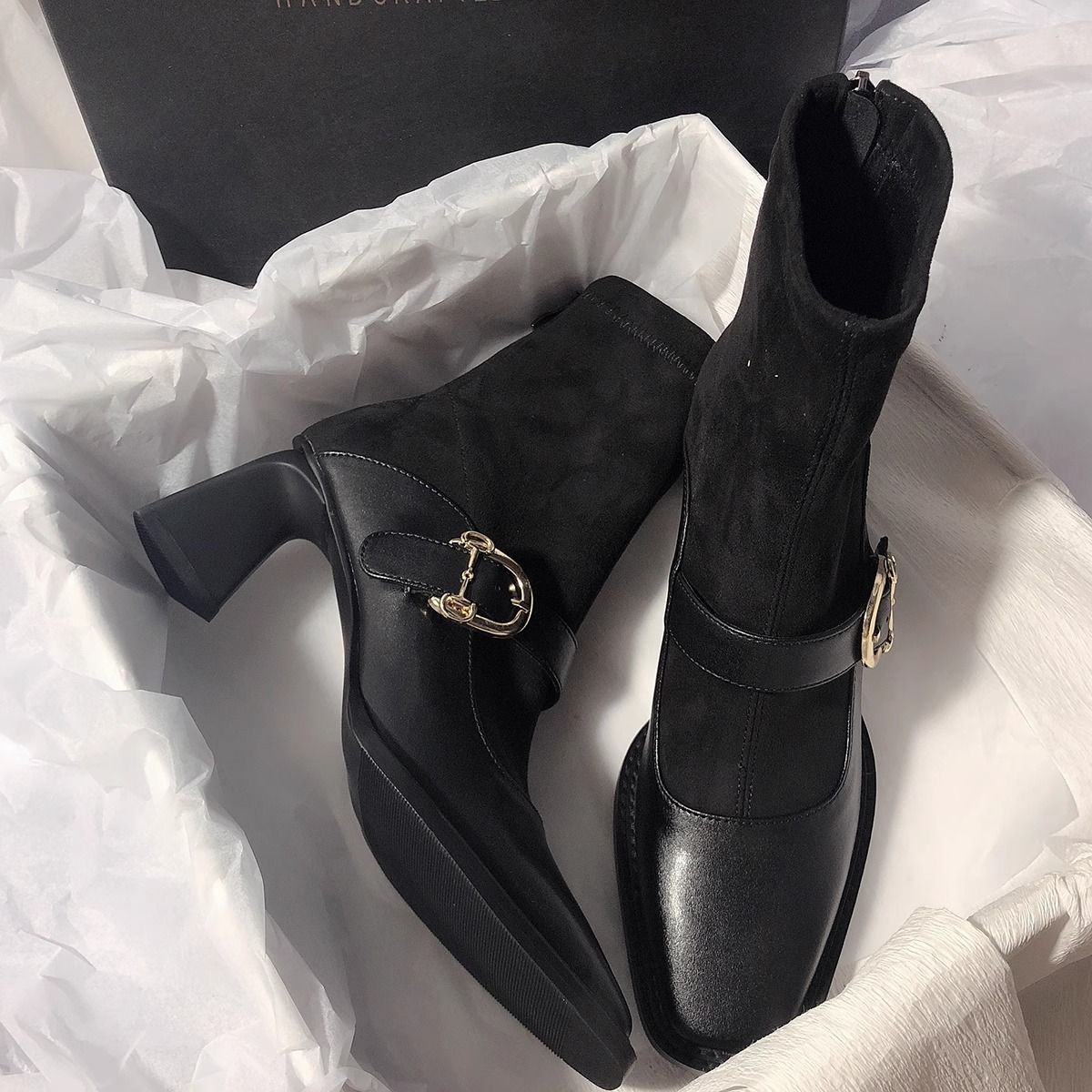 2023 Autumn and Winter New Style Thick Heel Square Toe Elastic Boots Short Boots Elegant Stitching Suede Gentle Slim Boots for Women