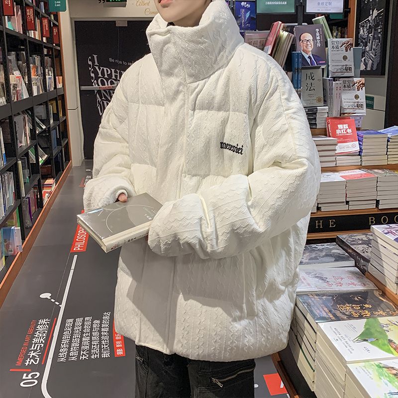 Trendy brand ins jacquard cotton coat men's winter loose thickened stand-up collar high-end cotton coat American couple cotton jacket