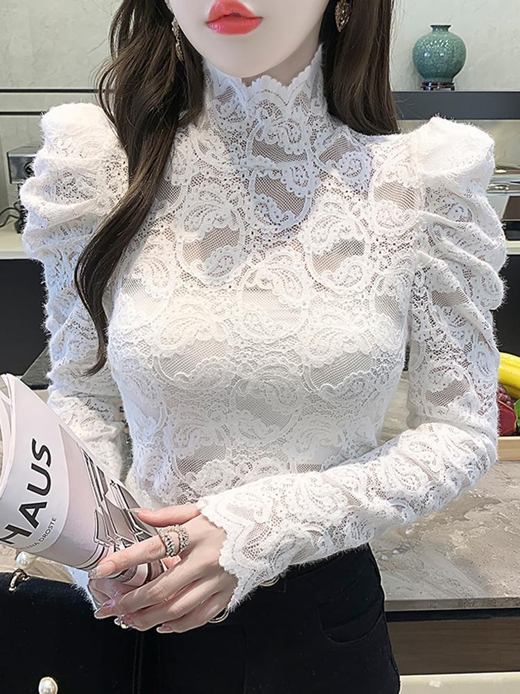 秋冬新款法式泡泡袖高領長袖蕾絲襯衫女修身打底衫上衣別致小衫潮