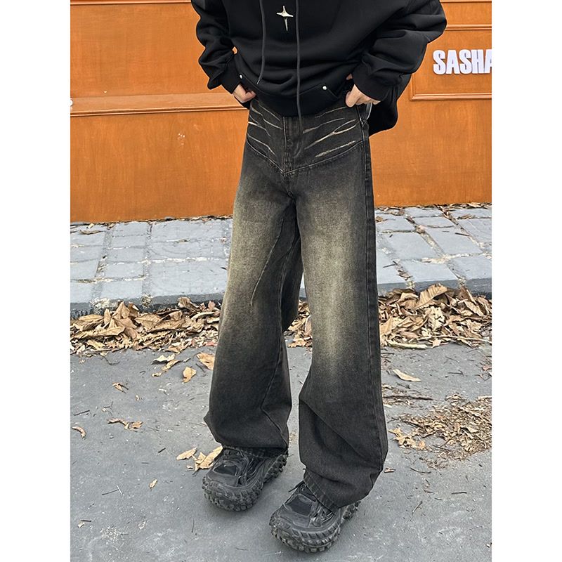 DAY NY美式復古水洗做舊牛仔褲男女寬鬆直筒顯瘦休閒百搭闊腿長褲