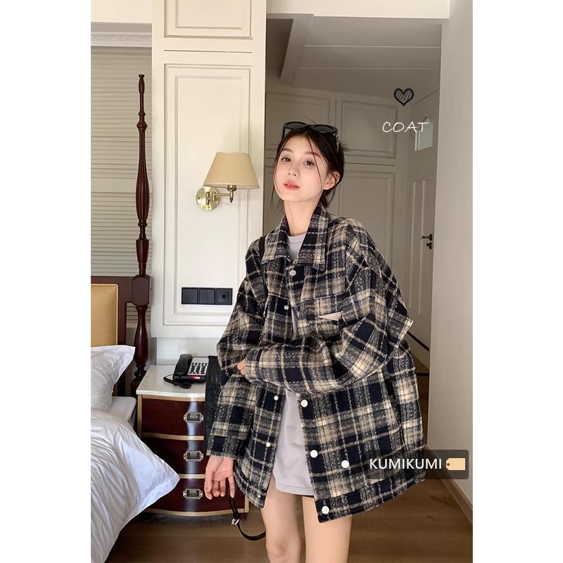 復古美式高級感格子外套男女春秋寬鬆毛呢開衫慵懶風休閒上衣夾克