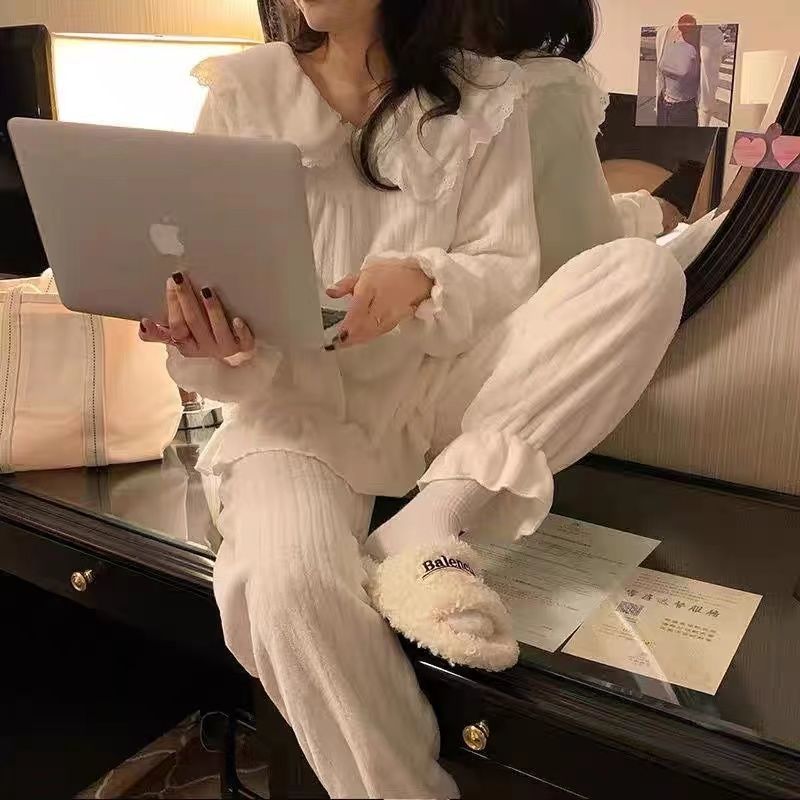 冬天睡衣女珊瑚絨甜美可愛秋冬季加厚法蘭絨宮廷公主風家居服套裝
