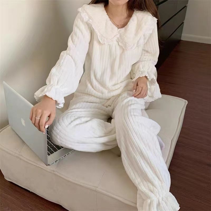 冬季珊瑚絨睡衣女加絨兩件套裝春秋娃娃領純色法蘭絨可外穿家居服