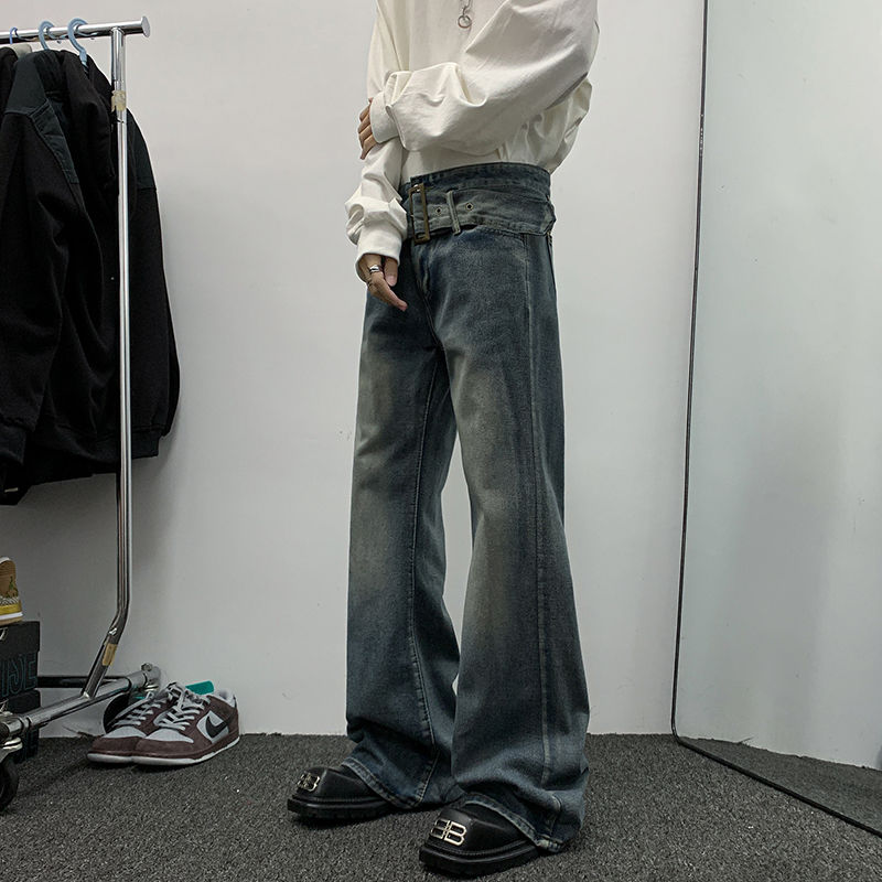 American retro boot-cut trousers for men, trendy high-street vibe jeans for spring and autumn, loose wide-leg floor-length trousers
