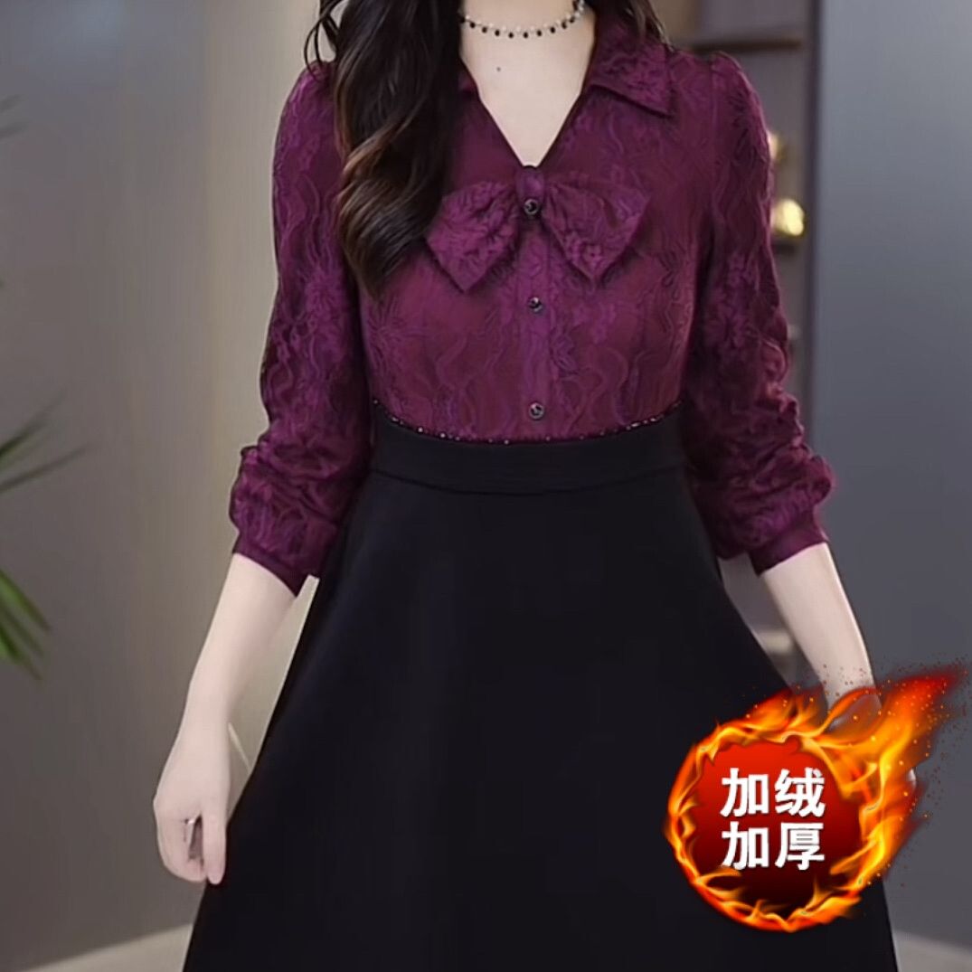 水溶刺繡加絨加厚時尚連衣裙2023秋冬新款女顯瘦氣質假兩件套裙子